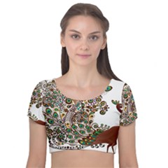 Peacock Graceful Bird Animal Velvet Short Sleeve Crop Top  by artworkshop