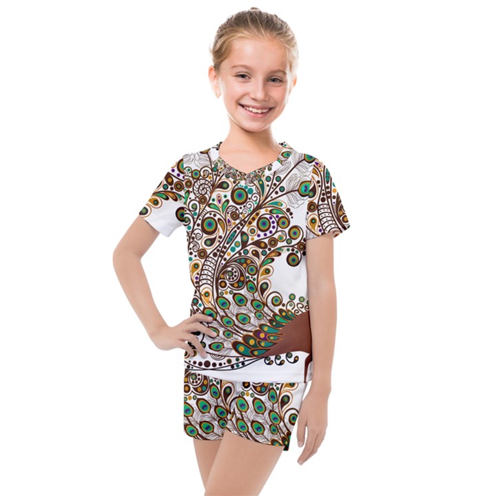 Peacock Graceful Bird Animal Kids  Mesh Tee and Shorts Set