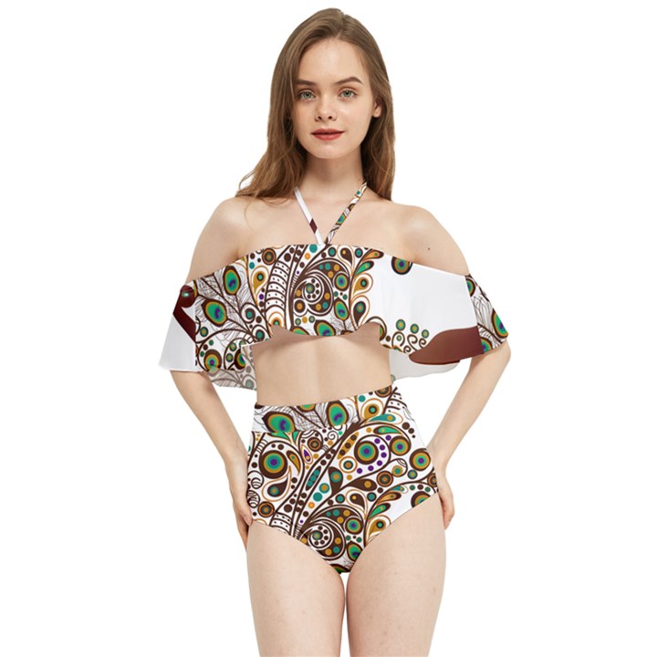 Peacock Graceful Bird Animal Halter Flowy Bikini Set 