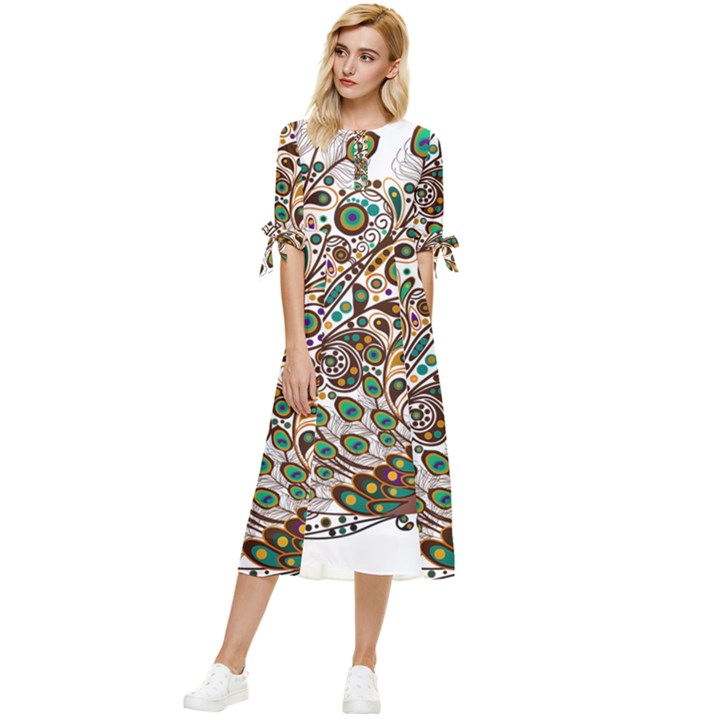 Peacock Graceful Bird Animal Bow Sleeve Chiffon Midi Dress