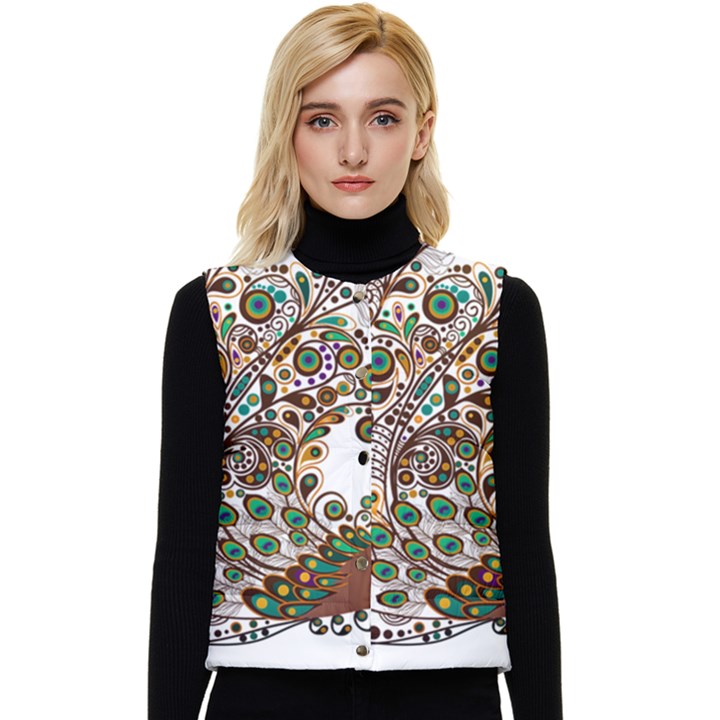 Peacock Graceful Bird Animal Women s Short Button Up Puffer Vest