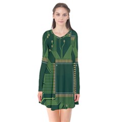 Technology Board Trace Digital Long Sleeve V-neck Flare Dress by artworkshop