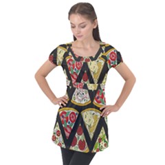 Vector-seamless-pattern-with-italian-pizza-top-view Puff Sleeve Tunic Top