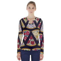 Vector-seamless-pattern-with-italian-pizza-top-view V-Neck Long Sleeve Top