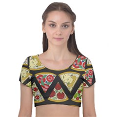 Vector-seamless-pattern-with-italian-pizza-top-view Velvet Short Sleeve Crop Top 