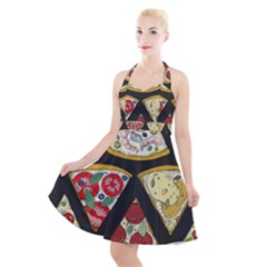 Vector-seamless-pattern-with-italian-pizza-top-view Halter Party Swing Dress 