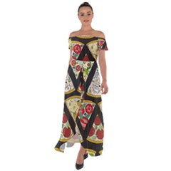 Vector-seamless-pattern-with-italian-pizza-top-view Off Shoulder Open Front Chiffon Dress