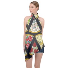 Vector-seamless-pattern-with-italian-pizza-top-view Halter Asymmetric Satin Top