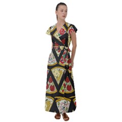 Vector-seamless-pattern-with-italian-pizza-top-view Flutter Sleeve Maxi Dress