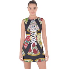 Vector-seamless-pattern-with-italian-pizza-top-view Lace Up Front Bodycon Dress