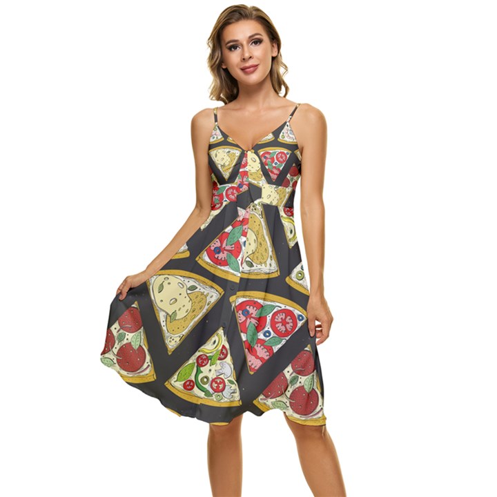 Vector-seamless-pattern-with-italian-pizza-top-view Sleeveless Tie Front Chiffon Dress