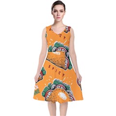 Seamless Pattern With Taco V-neck Midi Sleeveless Dress  by Pakemis