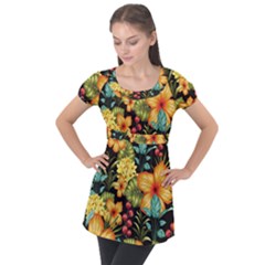 Fabulous Colorful Floral Seamless Puff Sleeve Tunic Top by Pakemis