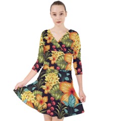 Fabulous Colorful Floral Seamless Quarter Sleeve Front Wrap Dress by Pakemis