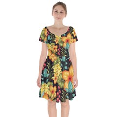 Fabulous Colorful Floral Seamless Short Sleeve Bardot Dress by Pakemis