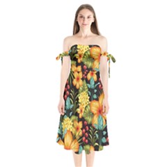 Fabulous Colorful Floral Seamless Shoulder Tie Bardot Midi Dress by Pakemis