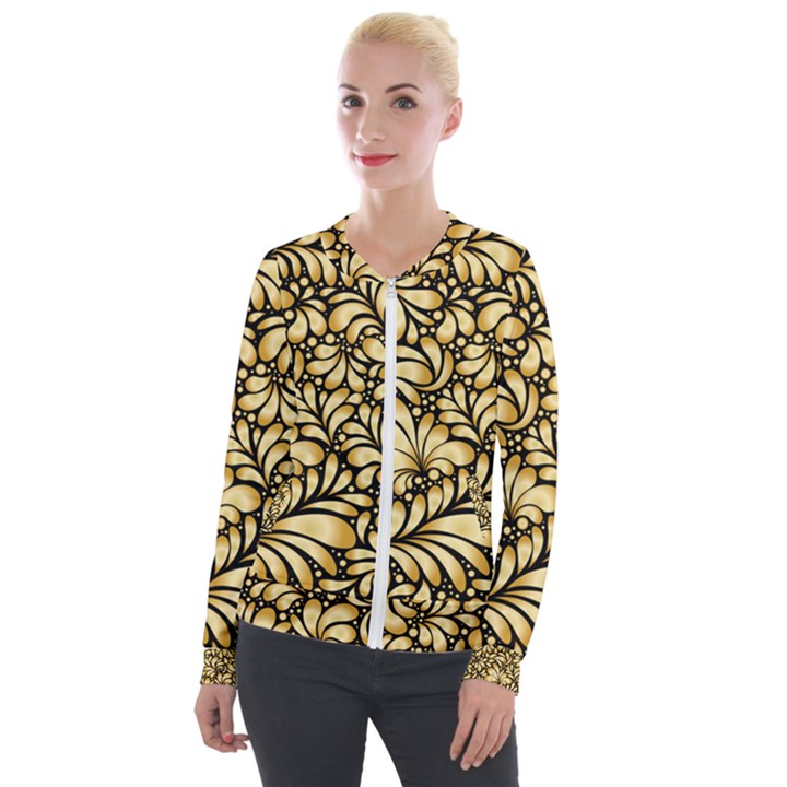 Damask-teardrop-gold-ornament-seamless-pattern Velvet Zip Up Jacket