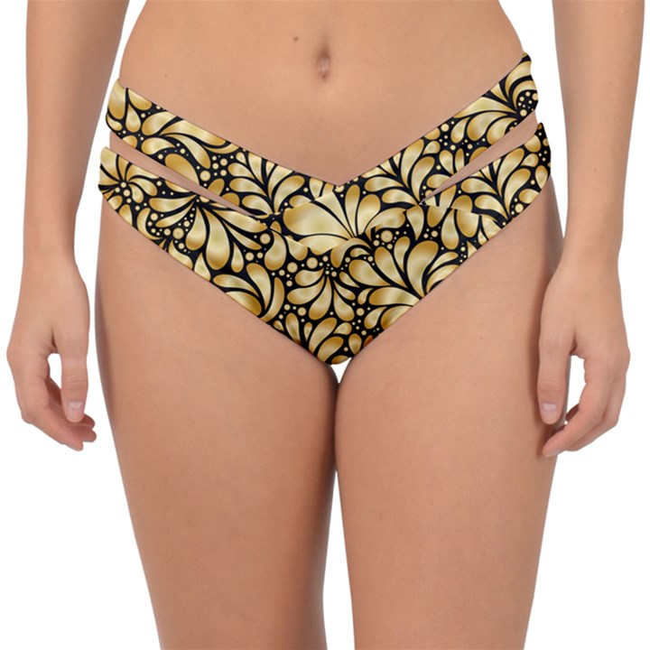 Damask-teardrop-gold-ornament-seamless-pattern Double Strap Halter Bikini Bottom