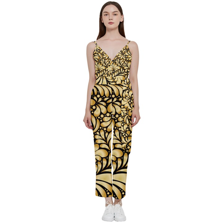 Damask-teardrop-gold-ornament-seamless-pattern V-Neck Spaghetti Strap Tie Front Jumpsuit