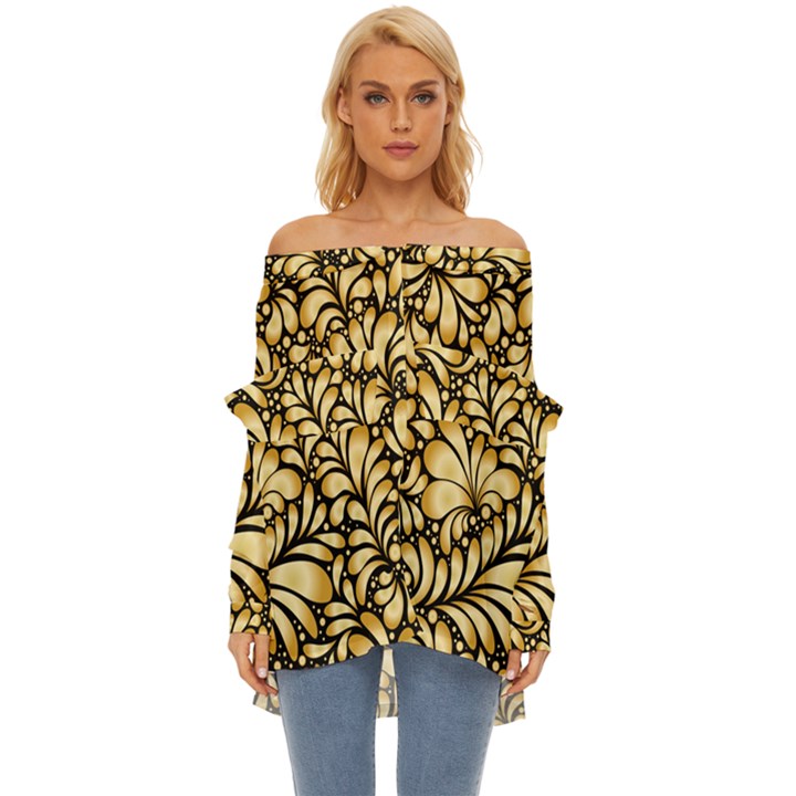 Damask-teardrop-gold-ornament-seamless-pattern Off Shoulder Chiffon Pocket Shirt