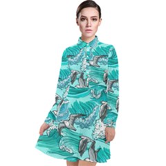 Sea-waves-seamless-pattern Long Sleeve Chiffon Shirt Dress by Pakemis