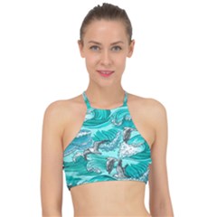 Sea-waves-seamless-pattern Racer Front Bikini Top by Pakemis