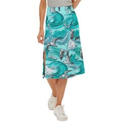 Sea-waves-seamless-pattern Midi Panel Skirt by Pakemis