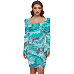 Sea-waves-seamless-pattern Women Long Sleeve Ruched Stretch Jersey Dress by Pakemis