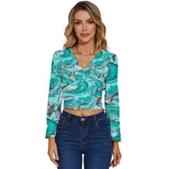 Sea-waves-seamless-pattern Long Sleeve V-neck Top by Pakemis