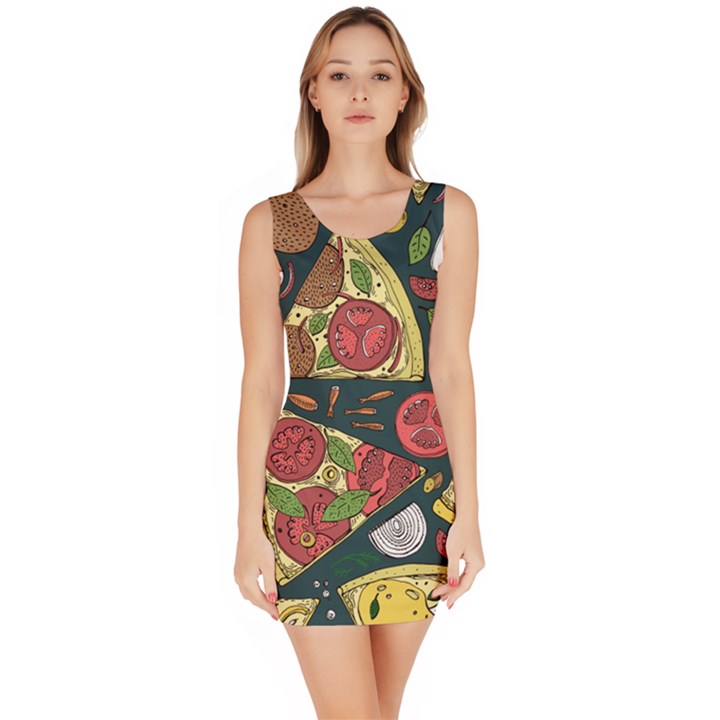 Vector-seamless-pizza-slice-pattern-hand-drawn-pizza-illustration-great-pizzeria-menu-background Bodycon Dress