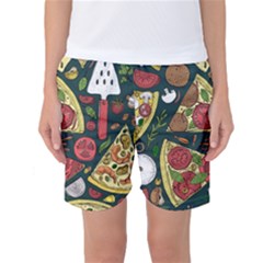 Vector-seamless-pizza-slice-pattern-hand-drawn-pizza-illustration-great-pizzeria-menu-background Women s Basketball Shorts by Pakemis