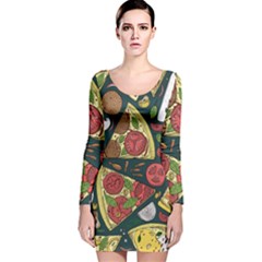 Vector-seamless-pizza-slice-pattern-hand-drawn-pizza-illustration-great-pizzeria-menu-background Long Sleeve Velvet Bodycon Dress by Pakemis