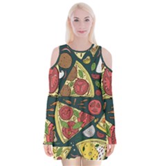 Vector-seamless-pizza-slice-pattern-hand-drawn-pizza-illustration-great-pizzeria-menu-background Velvet Long Sleeve Shoulder Cutout Dress by Pakemis