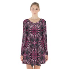 Seamless-pattern-with-flowers-oriental-style-mandala Long Sleeve Velvet V-neck Dress by Pakemis