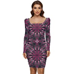 Seamless-pattern-with-flowers-oriental-style-mandala Women Long Sleeve Ruched Stretch Jersey Dress by Pakemis