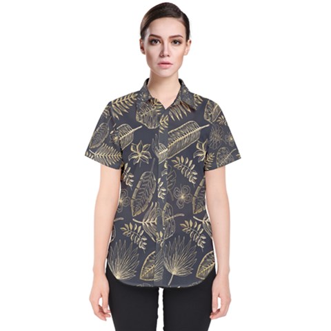 Elegant-pattern-with-golden-tropical-leaves Women s Short Sleeve Shirt by Pakemis