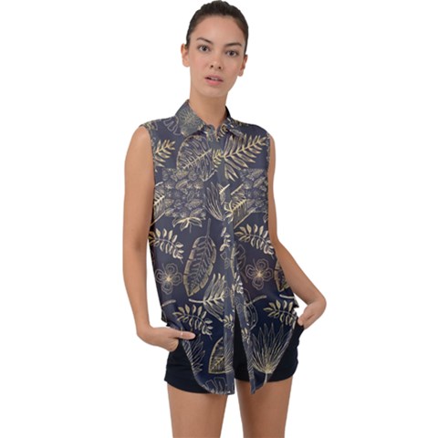 Elegant-pattern-with-golden-tropical-leaves Sleeveless Chiffon Button Shirt by Pakemis