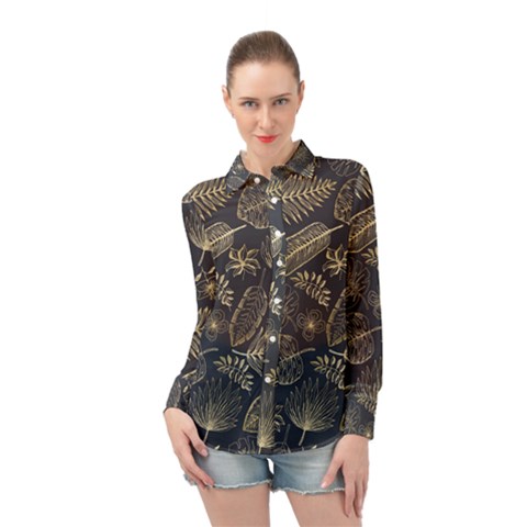 Elegant-pattern-with-golden-tropical-leaves Long Sleeve Chiffon Shirt by Pakemis