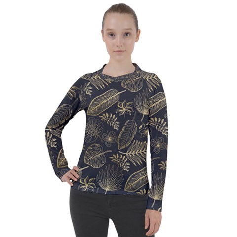 Elegant-pattern-with-golden-tropical-leaves Women s Pique Long Sleeve Tee by Pakemis