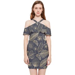 Elegant-pattern-with-golden-tropical-leaves Shoulder Frill Bodycon Summer Dress by Pakemis