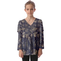 Elegant-pattern-with-golden-tropical-leaves Kids  V Neck Casual Top by Pakemis