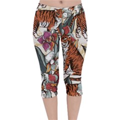 Natural-seamless-pattern-with-tiger-blooming-orchid Velvet Capri Leggings  by Pakemis