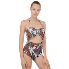 Natural-seamless-pattern-with-tiger-blooming-orchid Scallop Top Cut Out Swimsuit by Pakemis