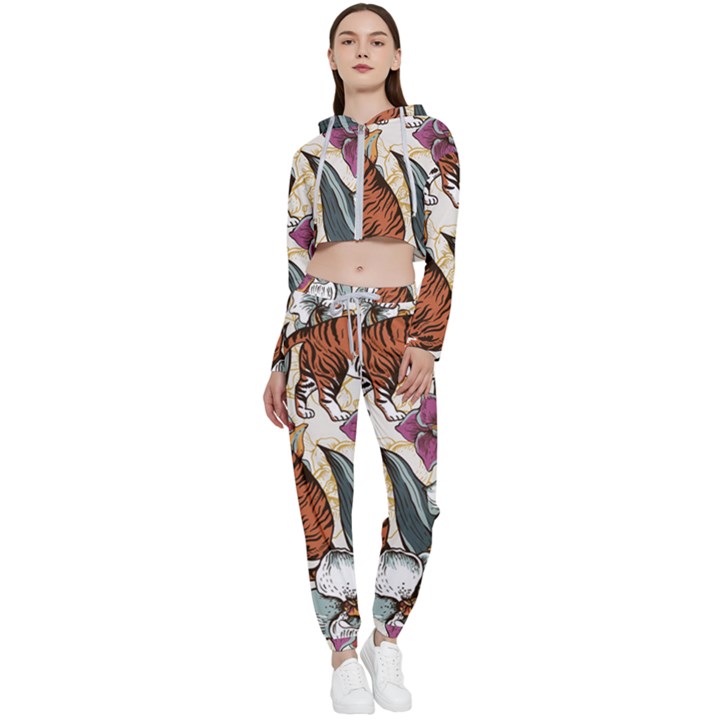 Natural-seamless-pattern-with-tiger-blooming-orchid Cropped Zip Up Lounge Set