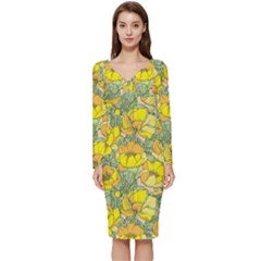 Seamless-pattern-with-graphic-spring-flowers Long Sleeve V-neck Bodycon Dress  by Pakemis