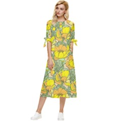 Seamless-pattern-with-graphic-spring-flowers Bow Sleeve Chiffon Midi Dress by Pakemis