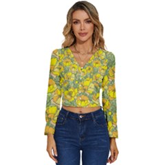 Seamless-pattern-with-graphic-spring-flowers Long Sleeve V-neck Top by Pakemis