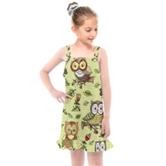 Seamless-pattern-with-flowers-owls Kids  Overall Dress by Pakemis