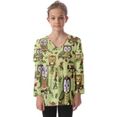 Seamless-pattern-with-flowers-owls Kids  V Neck Casual Top by Pakemis