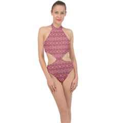 Pink-art-with-abstract-seamless-flaming-pattern Halter Side Cut Swimsuit by Pakemis